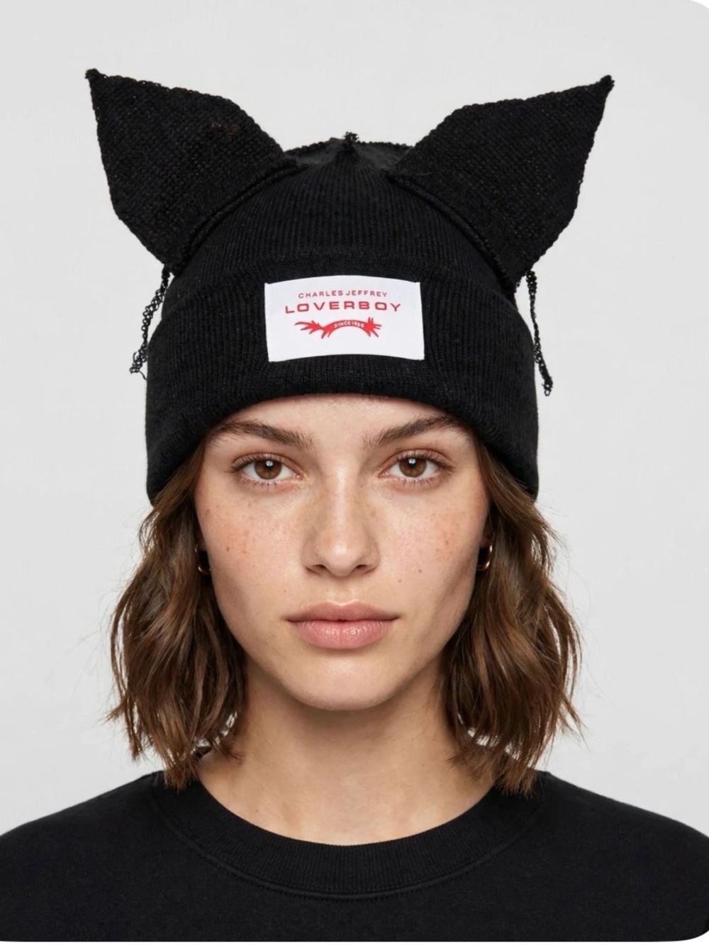 Charles Jeffrey Loverboy Black Knit Cat Ear Beanie - Unisex